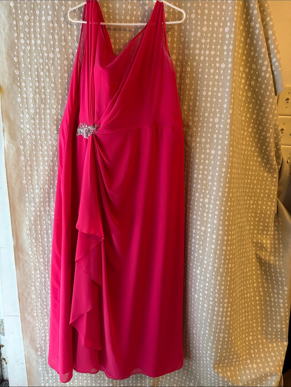 Allure Bridals Hot Pink Prom Dress with Draped Ruffle and Jewel Accent